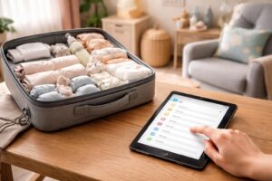 organisez la valise maternité de votre bébé facilement en cochant chaque étape sur une tablette tactile pour ne rien oublier le jour j.