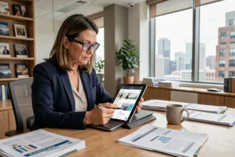 Femme professionnelle consultant son abonnement magazine Business sur une tablette dans un bureau moderne