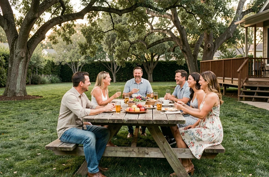 Réunion de famille détendue dans un jardin californien, évoquant la vie de famille d'Alexis Knief et Timothy Olyphant