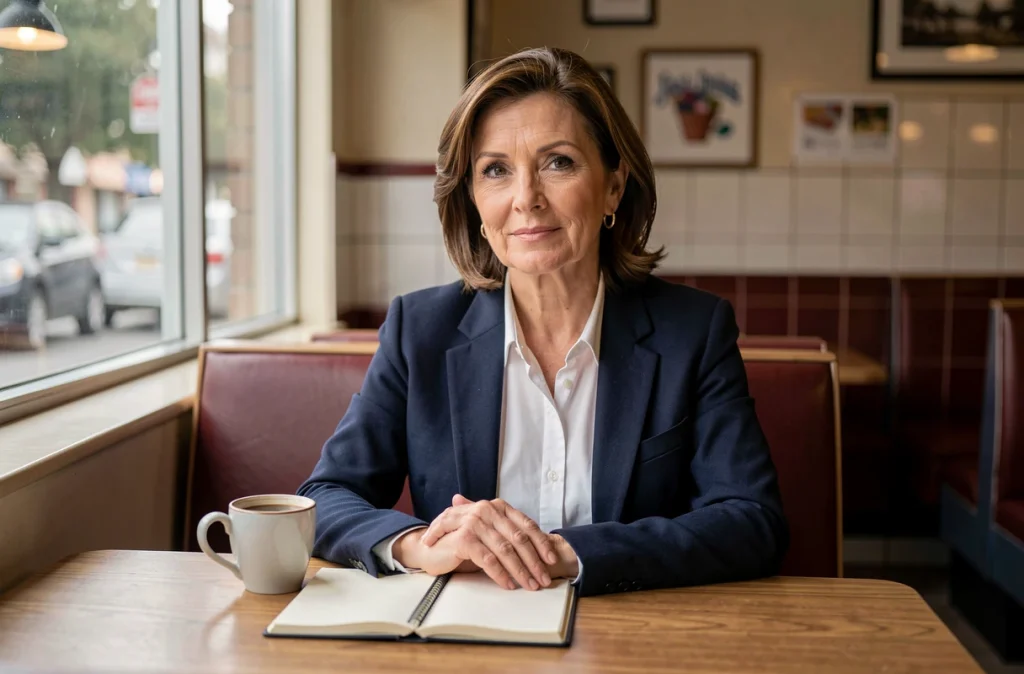Portrait d'une femme élégante et posée assise dans un café américain, illustrant la personnalité discrète d'Alexis Knief