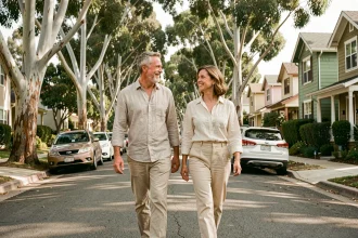 Couple mature et complice se promenant dans un quartier résidentiel de Californie, évoquant la vie privée d'Alexis Knief et Timothy Olyphant