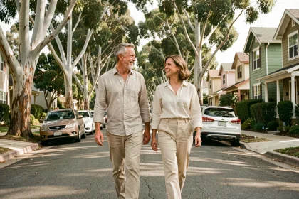 Couple mature et complice se promenant dans un quartier résidentiel de Californie, évoquant la vie privée d'Alexis Knief et Timothy Olyphant