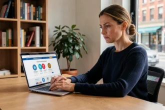 Femme analysant un site e-commerce sur son ordinateur portable pour identifier les signaux de confiance et les alertes de sécurité