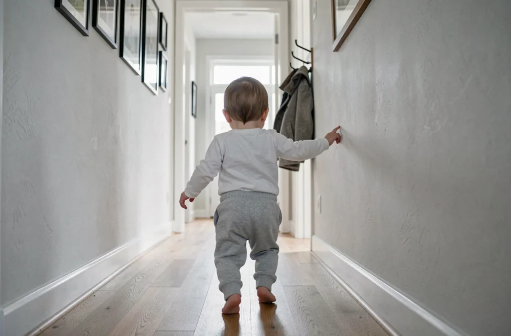 Bébé de dos marchant seul dans un couloir de maison en s'appuyant légèrement contre le mur, pieds nus sur un parquet clair