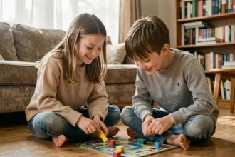 Deux frères et sœurs assis par terre en train de jouer ensemble à un jeu de société dans un salon familial chaleureux