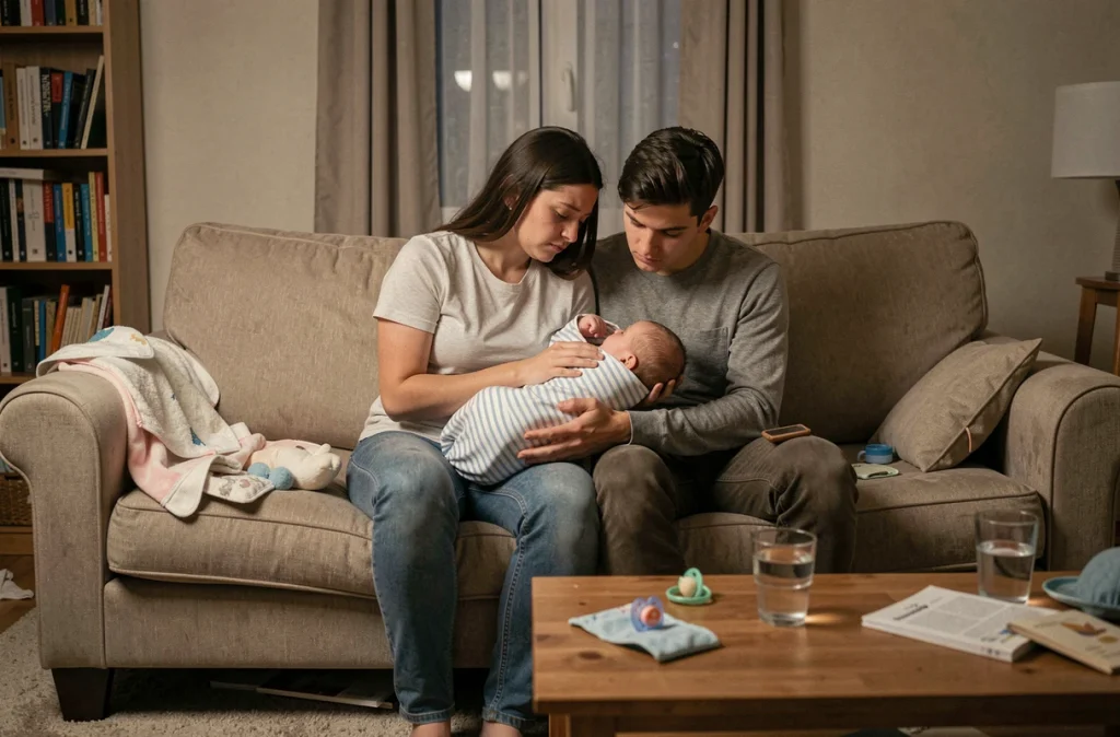 Jeune couple épuisé réconfortant leur bébé ensemble sur le canapé du salon au milieu de la nuit