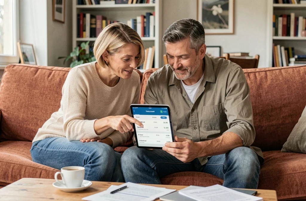 Couple consultant ensemble le portail familles en ligne sur une tablette pour gérer et contester une facture municipale