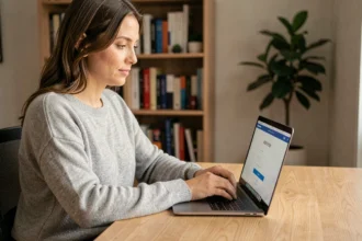 Femme créant un compte en ligne xpassfam sur son ordinateur portable dans un bureau à domicile