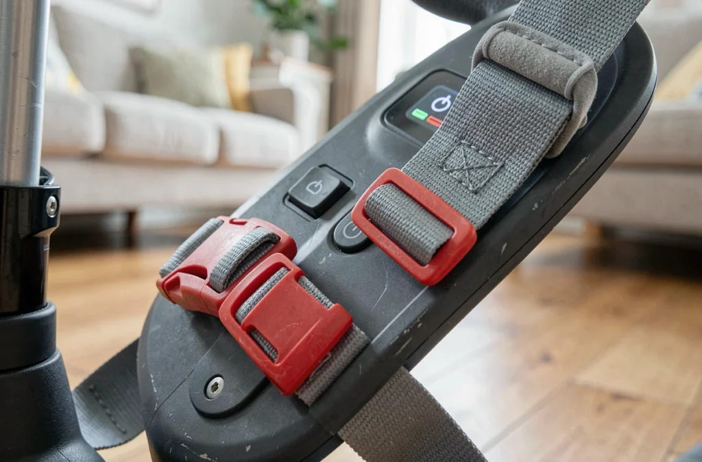 Gros plan sur le système de harnais de sécurité et le tableau de bord d'un scooter électrique pour bébés jumeaux