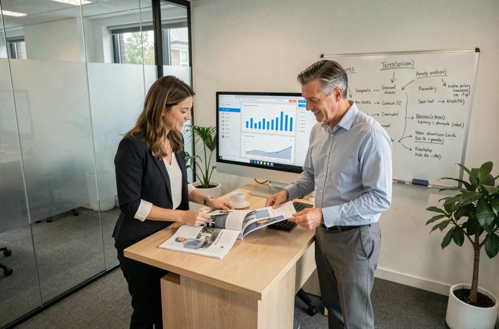 Équipe professionnelle analysant des publications de veille sectorielle grâce à un abonnement Business Magazine