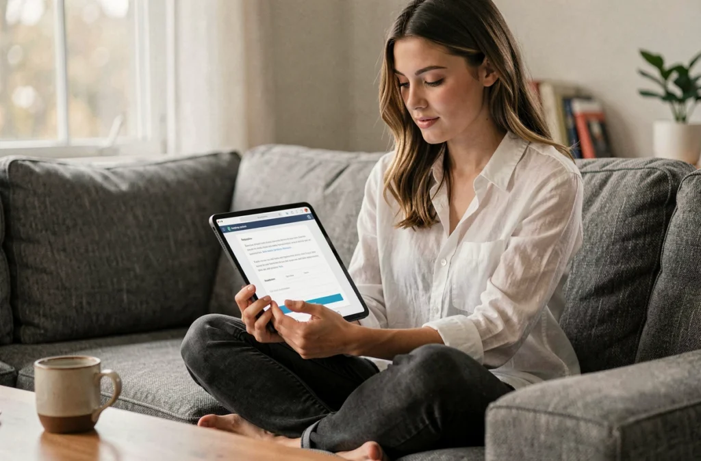 Jeune femme suivant les étapes de création de compte xpassfam sur une tablette dans un salon