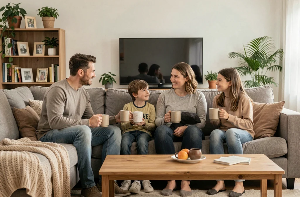 Famille réunie sur un canapé avec des boissons chaudes pour une soirée détendue et apaisante en famille