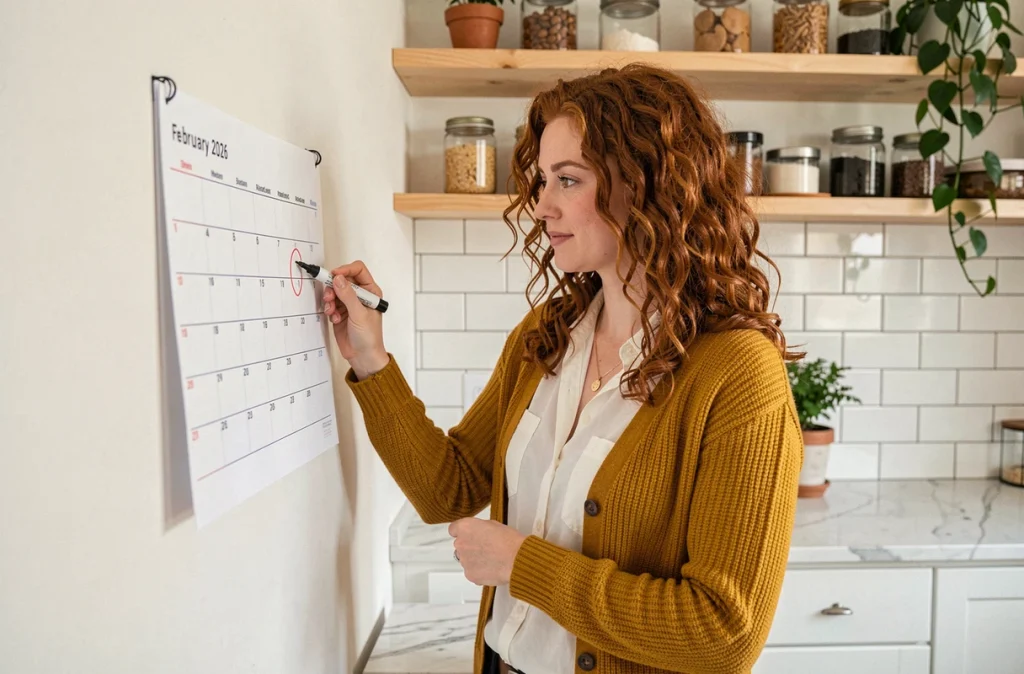 Jeune femme dans une cuisine entourant une semaine sur un calendrier 2026 pour vérifier la parité des semaines
