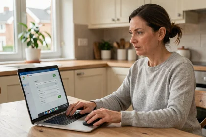 Femme consultant le portail familles de Toulon sur un ordinateur portable pour payer une facture en ligne
