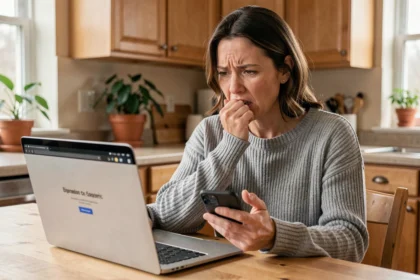 Femme frustrée assise devant son ordinateur portable avec un problème de connexion à son compte en ligne