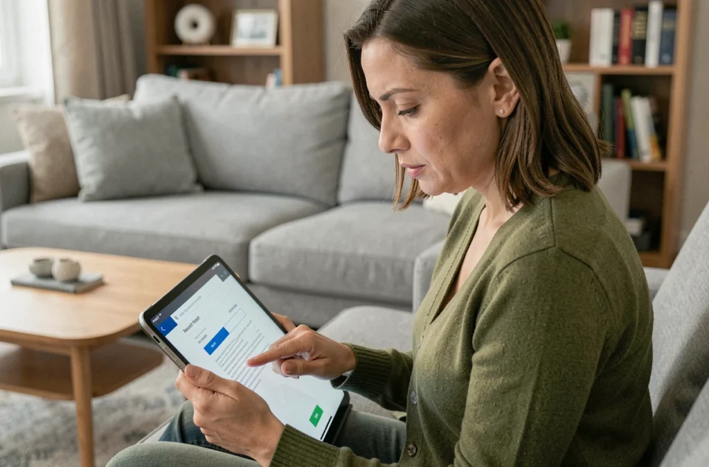 Femme consultant une tablette dans son salon pour réinitialiser son mot de passe et résoudre un problème de connexion
