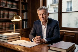 Portrait d'un homme aux cheveux poivre et sel dans un bureau parisien rempli de livres juridiques, évoquant une figure intellectuelle publique