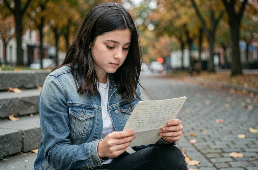 Une adolescente lit une lettre émouvante de sa marraine assise sur des marches en pierre dans un parc en automne