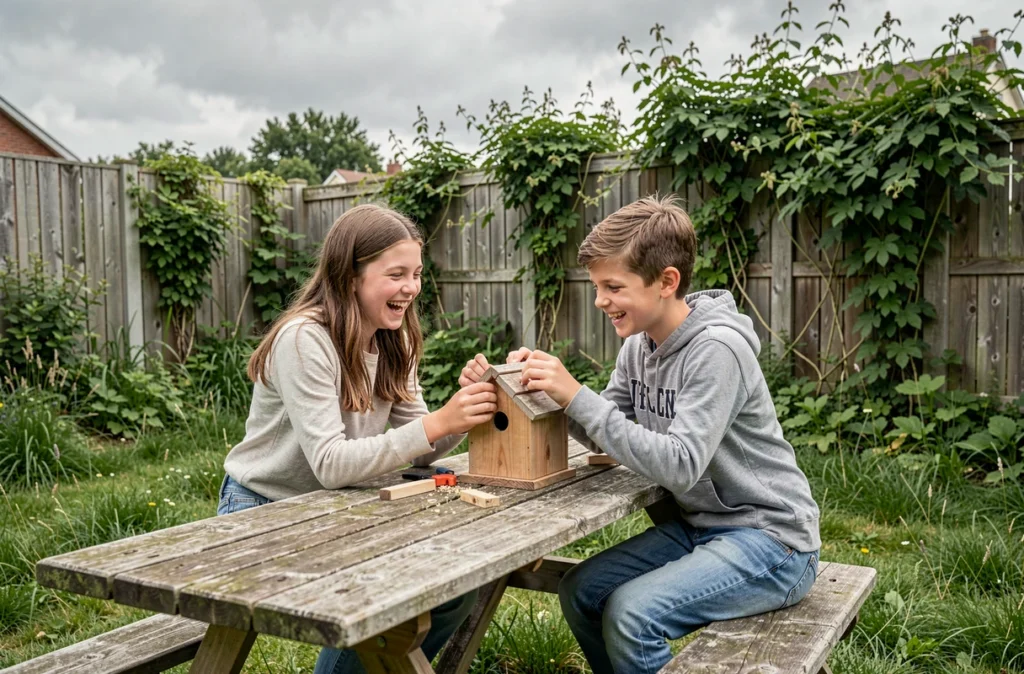 Une adolescente et son jeune frère construisant ensemble un nichoir dans un jardin verdoyant, riant de complicité