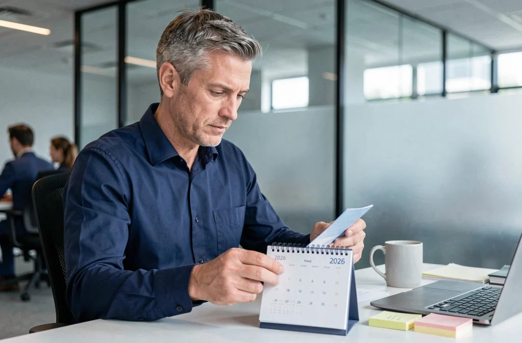 Homme en bureau consultant un calendrier de bureau 2026 pour identifier les semaines paires et impaires