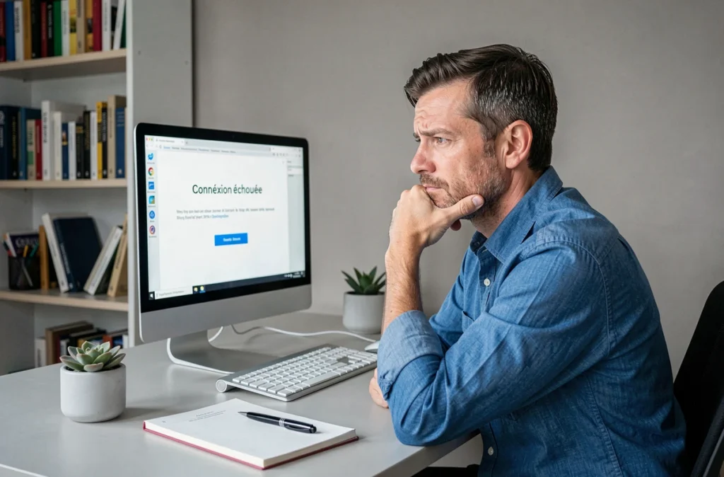 Homme en télétravail face à une erreur de connexion sur son ordinateur de bureau à domicile