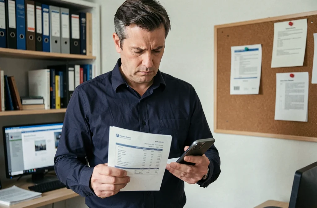 Homme comparant une facture papier et le paiement en ligne sur son smartphone depuis son bureau à domicile
