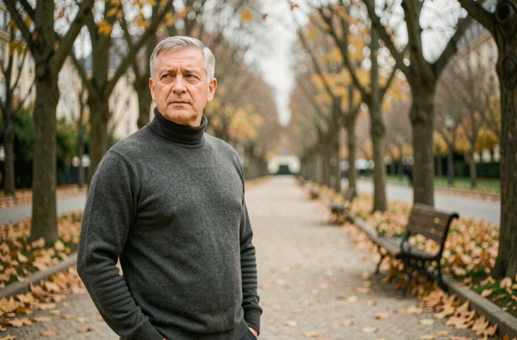Homme pensif aux cheveux gris marchant dans une allée de parc parisien en automne, atmosphère contemplative et intimiste