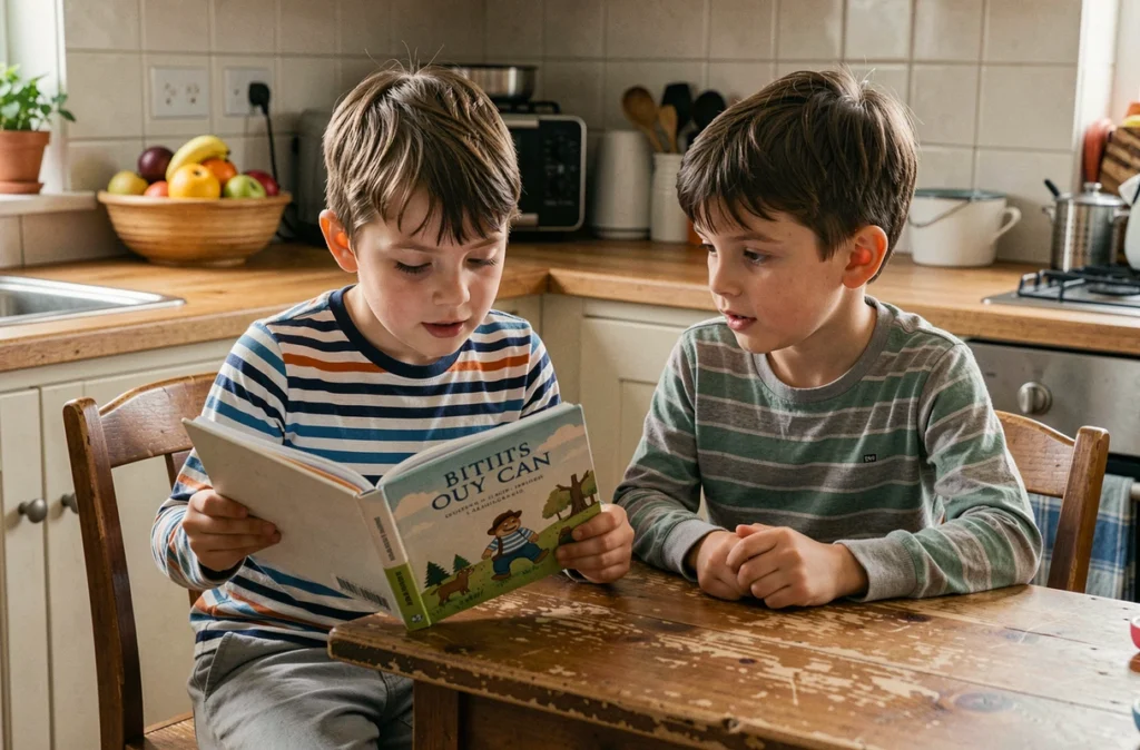 Deux jeunes frères jumeaux assis à la table de cuisine, l'un lisant un livre à voix haute à l'autre dans une atmosphère familiale authentique