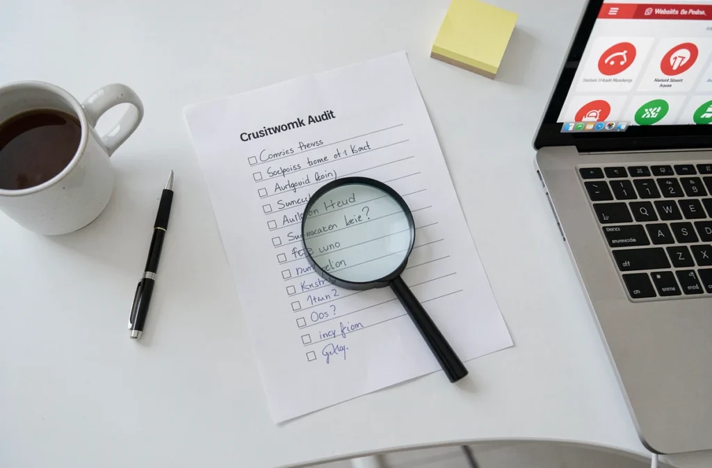 Vue aérienne d'un bureau minimaliste avec une liste de contrôle annotée et une loupe pour évaluer les signaux d'alerte d'un site web