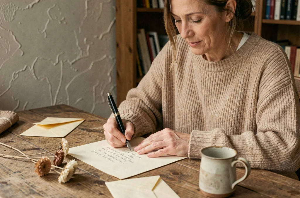 Une marraine écrit une lettre manuscrite à sa filleule, posée sur une table en bois rustique avec des objets personnels
