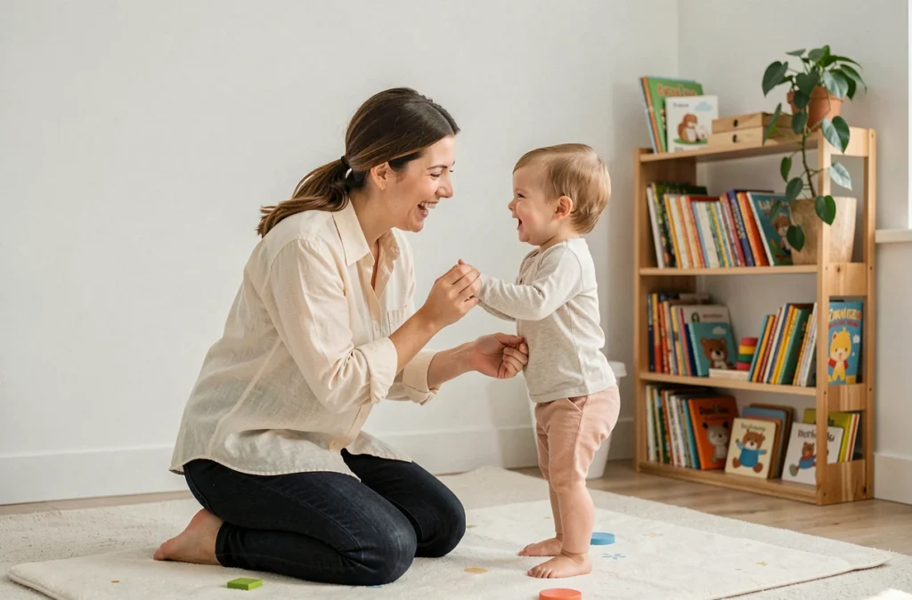 Mère aidant son bébé à se mettre debout sur un tapis de jeu dans une chambre d'enfant minimaliste et lumineuse