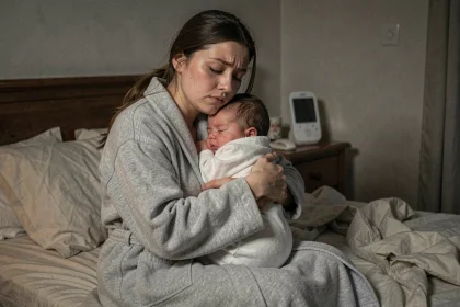 Mère épuisée tenant son bébé dans les bras au milieu de la nuit, assise sur le bord du lit dans une chambre familiale réaliste