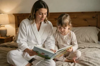 Mère et fille lisant un livre illustré ensemble dans un lit douillet lors d'une routine du soir apaisante