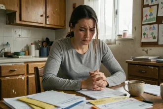 Mère isolée assise seule face à des papiers administratifs de la CAF, expression anxieuse et fatiguée
