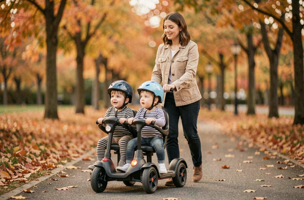 Mère poussant un scooter électrique pour jumeaux dans un parc en automne avec deux bébés en casque de sécurité