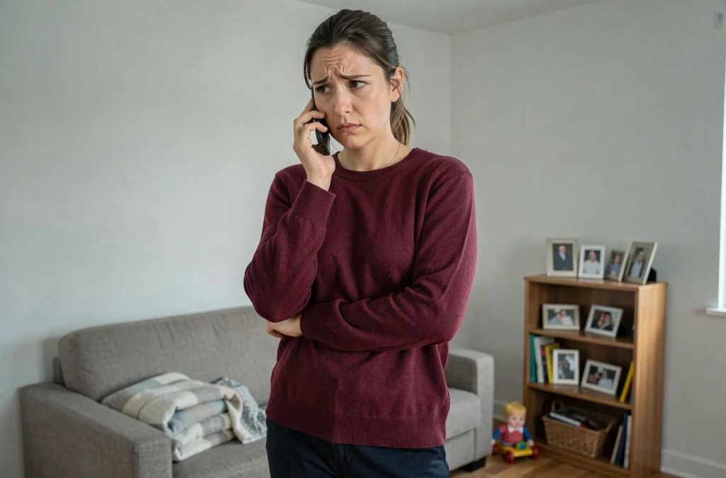 Mère seule au téléphone dans son salon, cherchant de l'aide après une dénonciation à la CAF