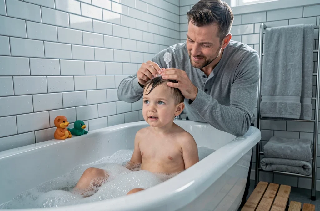 Père donnant le bain à son jeune fils dans une salle de bain familiale propre dans le cadre d'une routine du soir