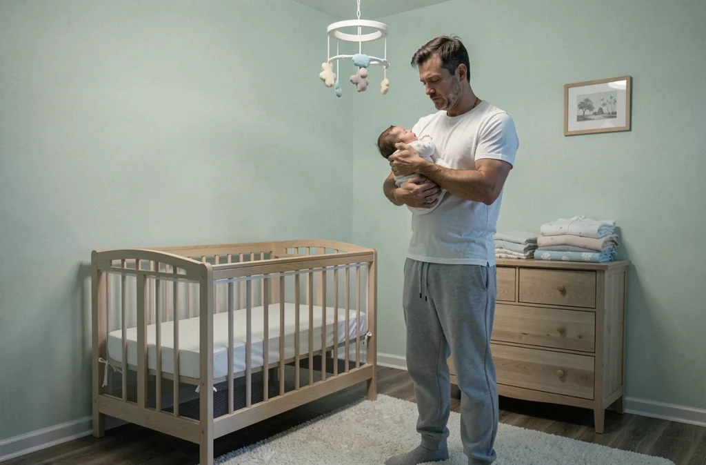 Père fatigué berçant son bébé en pleine nuit dans une chambre de bébé minimaliste avec un berceau en bois
