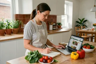 Mère planifiant les repas familiaux de la semaine dans une cuisine moderne avec des légumes frais et un carnet de recettes