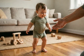 Bébé faisant ses premiers pas sur un parquet en bois dans un salon chaleureux, les mains tendues d'un parent l'encourageant à avancer