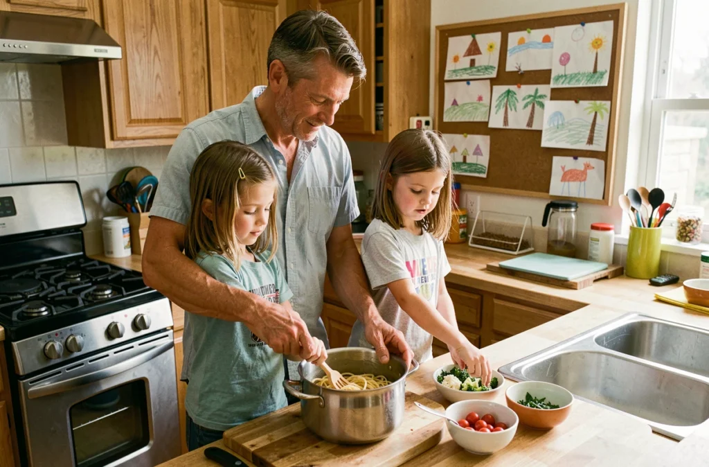 Père et enfants préparant ensemble un repas de pâtes dans une cuisine familiale animée et chaleureuse