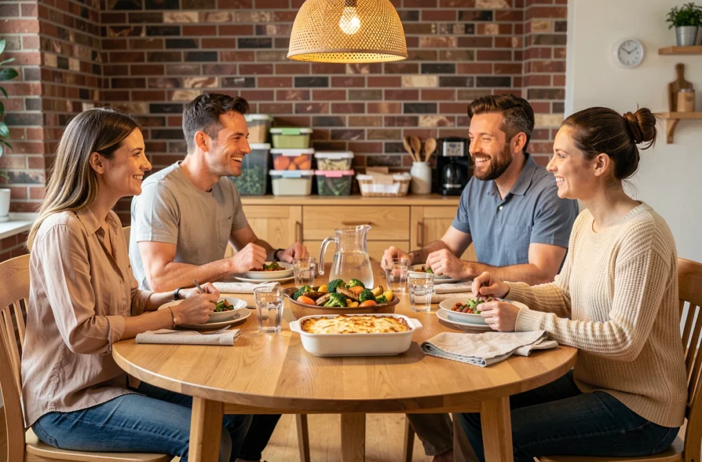 Famille réunie autour d'un repas fait maison dans une salle à manger conviviale, illustrant l'organisation sereine des repas familiaux