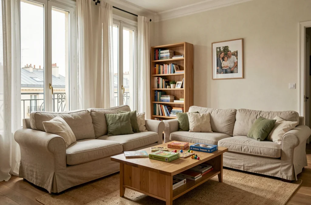 Salon familial moderne et chaleureux dans un appartement parisien, symbolisant la vie de famille et l'intimité domestique