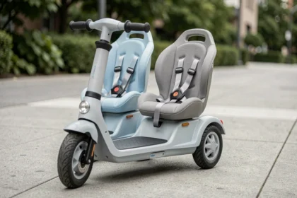 Scooter bébé électrique pour jumeaux avec deux sièges rembourrés côte à côte sur un trottoir urbain