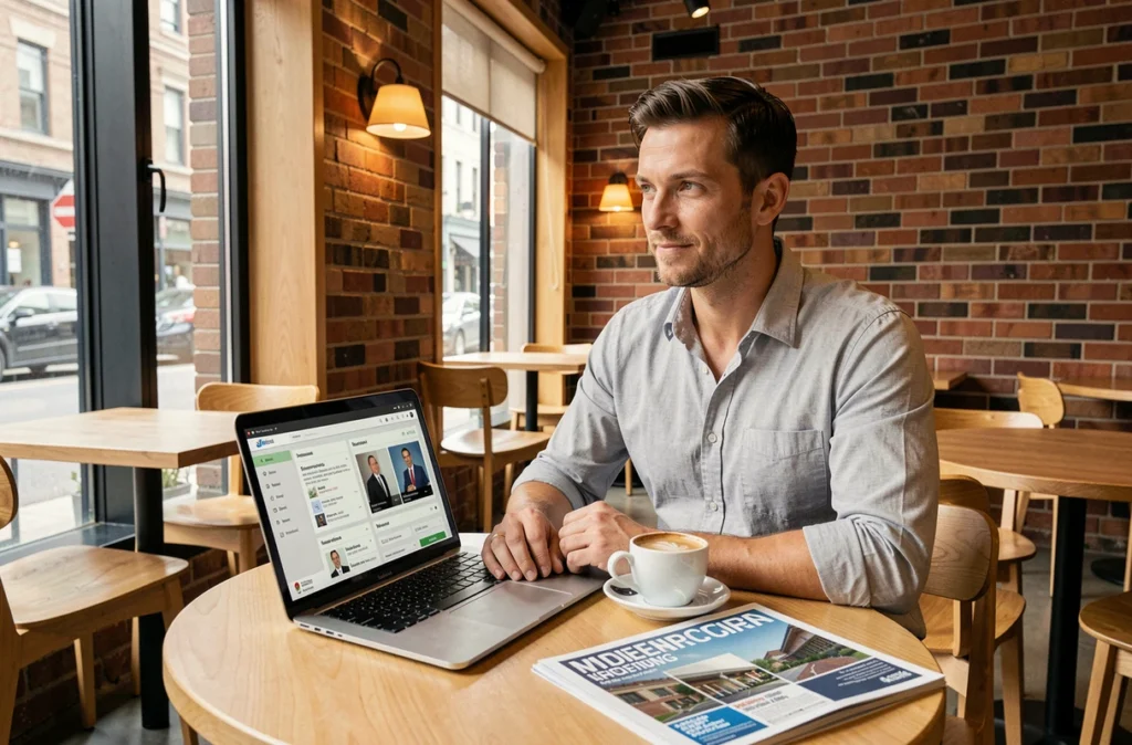 Homme d'affaires consultant un abonnement de veille sectorielle dans un café avec laptop et magazine