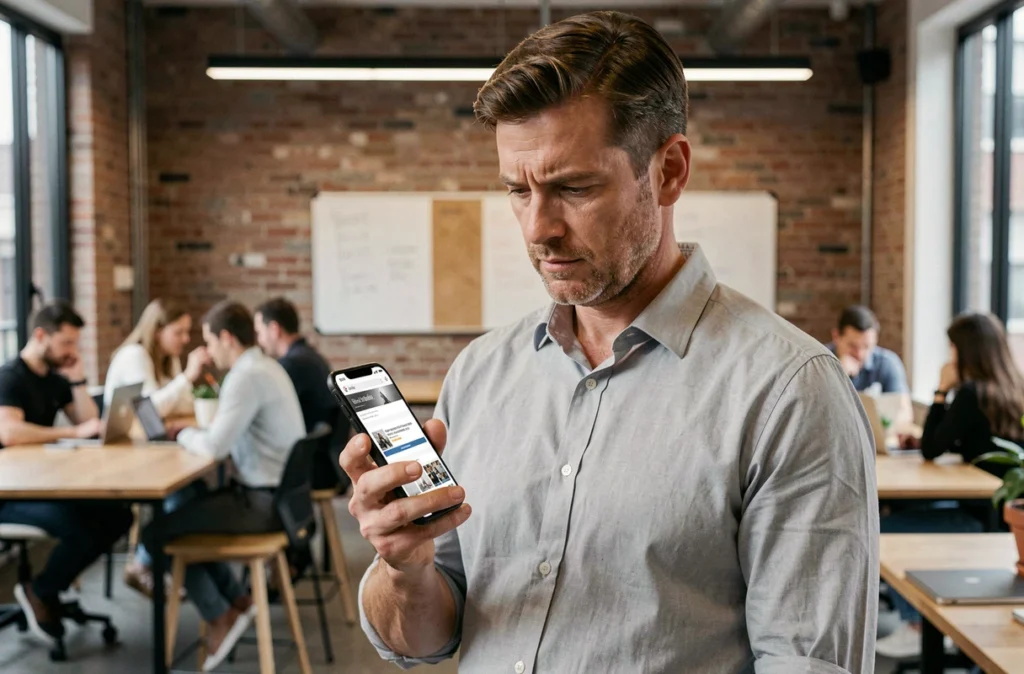 Homme vérifiant les avis et indicateurs de fiabilité d'un site web sur son smartphone dans un espace de coworking