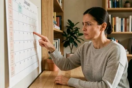 Femme pointant du doigt les numéros de semaines sur un calendrier mural 2026 dans un bureau à domicile