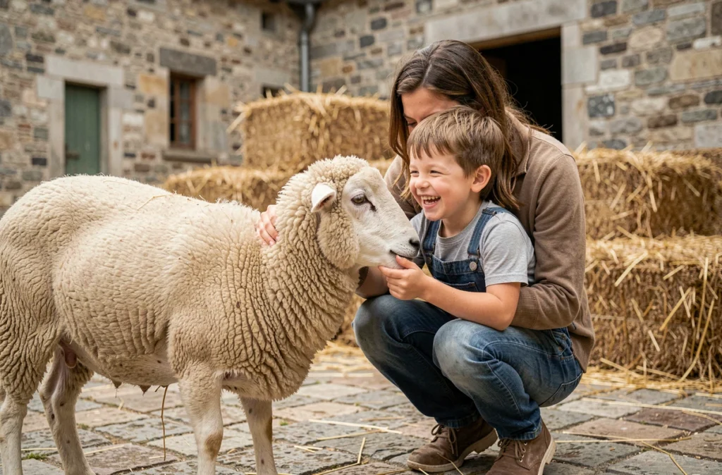 Une mère et son fils caressant un mouton mérinos dans la cour de la Bergerie nationale de Rambouillet
