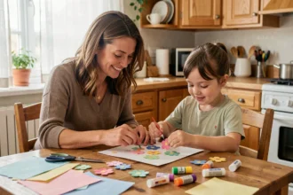Mère et fille qui fabriquent ensemble une carte de fête des mères avec papier coloré et colle sur une table en bois