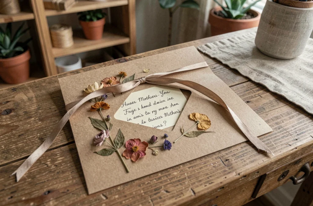 Carte artisanale pour la fête des mères avec poème manuscrit, fleurs séchées et ruban sur bureau en bois